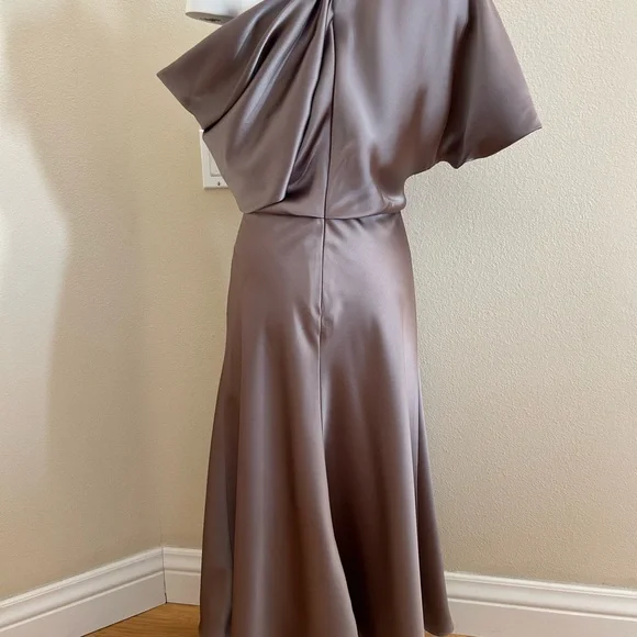 Amsale NWOT One Shoulder Fluid Cocktail Midi Dress 8 Mocha